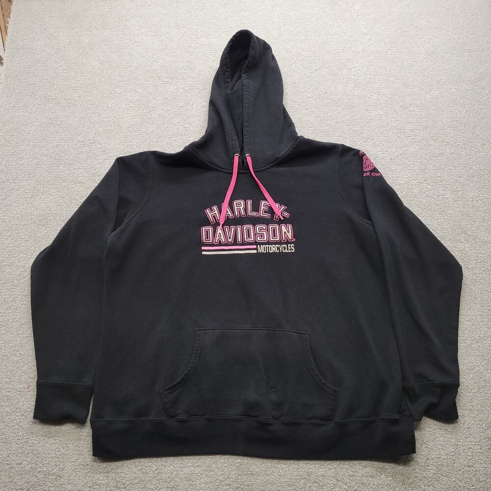 Harley Davidson Womens XL Hoodie Black Pink Pullover Motorcycle Dubuque Iowa